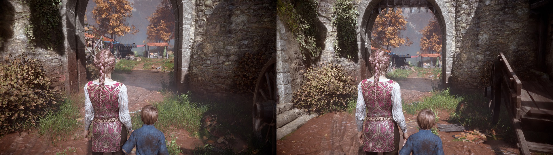 Split-screen image showing the draw distance, A Plague Tale: Innocence