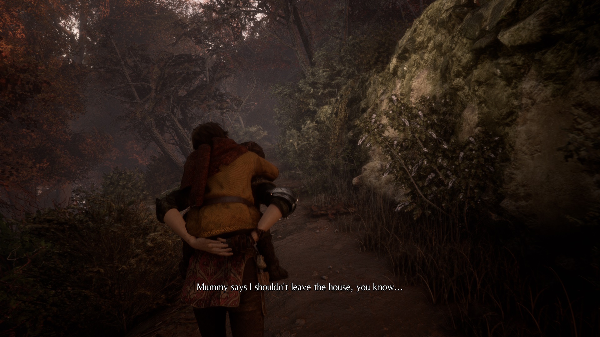 A Plague Tale: Innocence Gameplay Screenshot showing Amicia carrying Hugo on her back