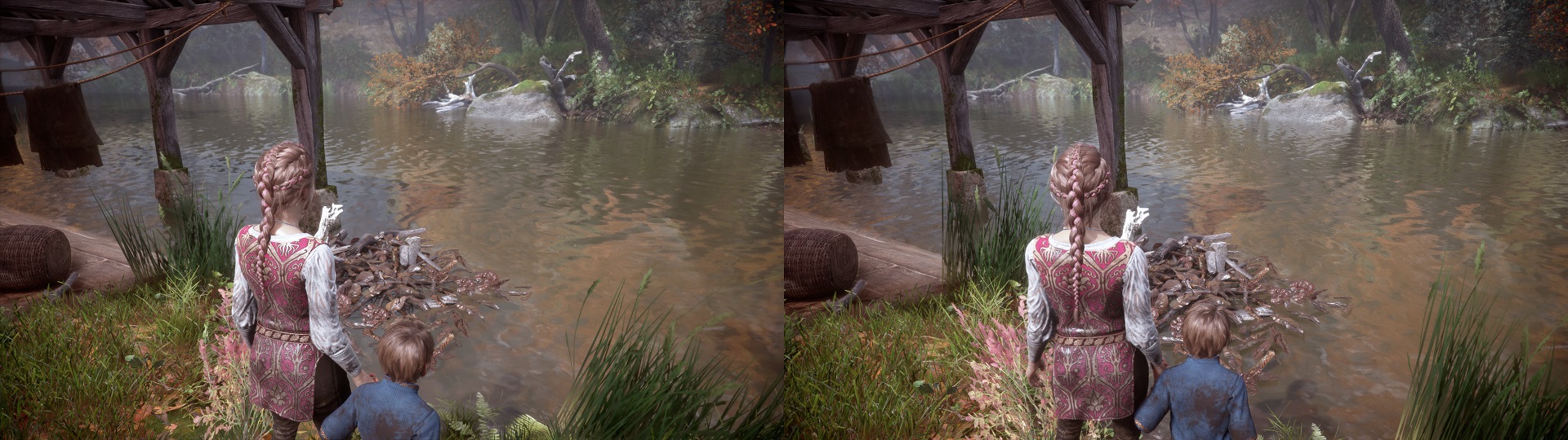 split-screen image comparing screen space reflections, A Plague Tale: Innocence
