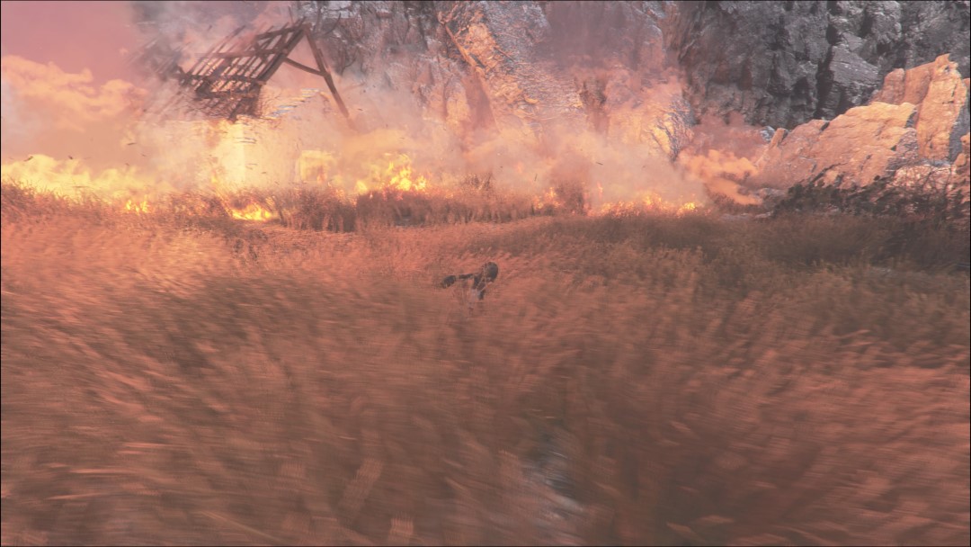 Amicia in a field that is slowly catching fire in A Plague Tale Requiem