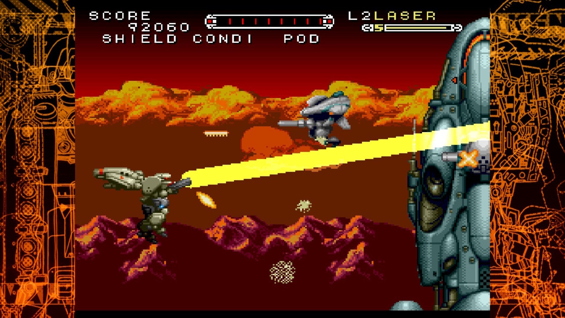 Assault Suits Valken DECLASSIFIED screenshot showing the main character's robot suit firing a laser at a shuttle