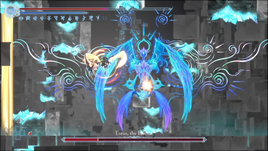 Renee slashing at the glowing winged boss Eseus from the game Afterimage