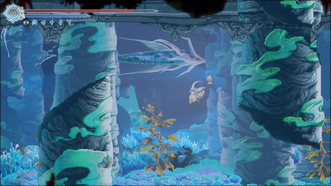 Renee deep underwater surrounded by colorful sealife and coral from the game Afterimage