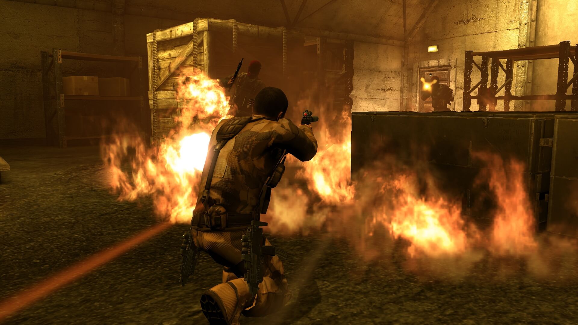 A shot of Mike Thorton shooting at enemies in Alpha Protocol