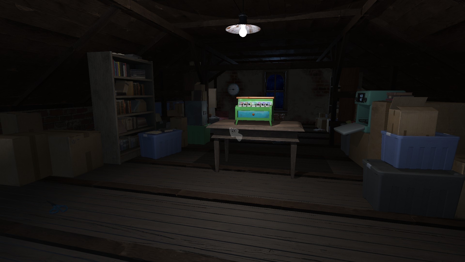Game screenshot showing a dark attic with a table in the centre. On the table sits a turquoise miniature piano. Around the table there are several shelves and piles of boxes hidden under and around dustcloths. 