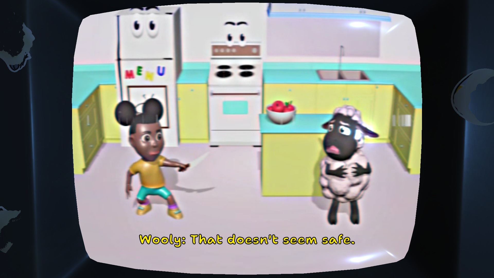Game screenshot showing a CRT TV screen with a CGI TV show playing on it. The show features two CGI characters, one little girl, one anthropmorphic sheep, and the little girl is holding a knife. The subtitles read: "Wooly: That doesn't seem safe!"