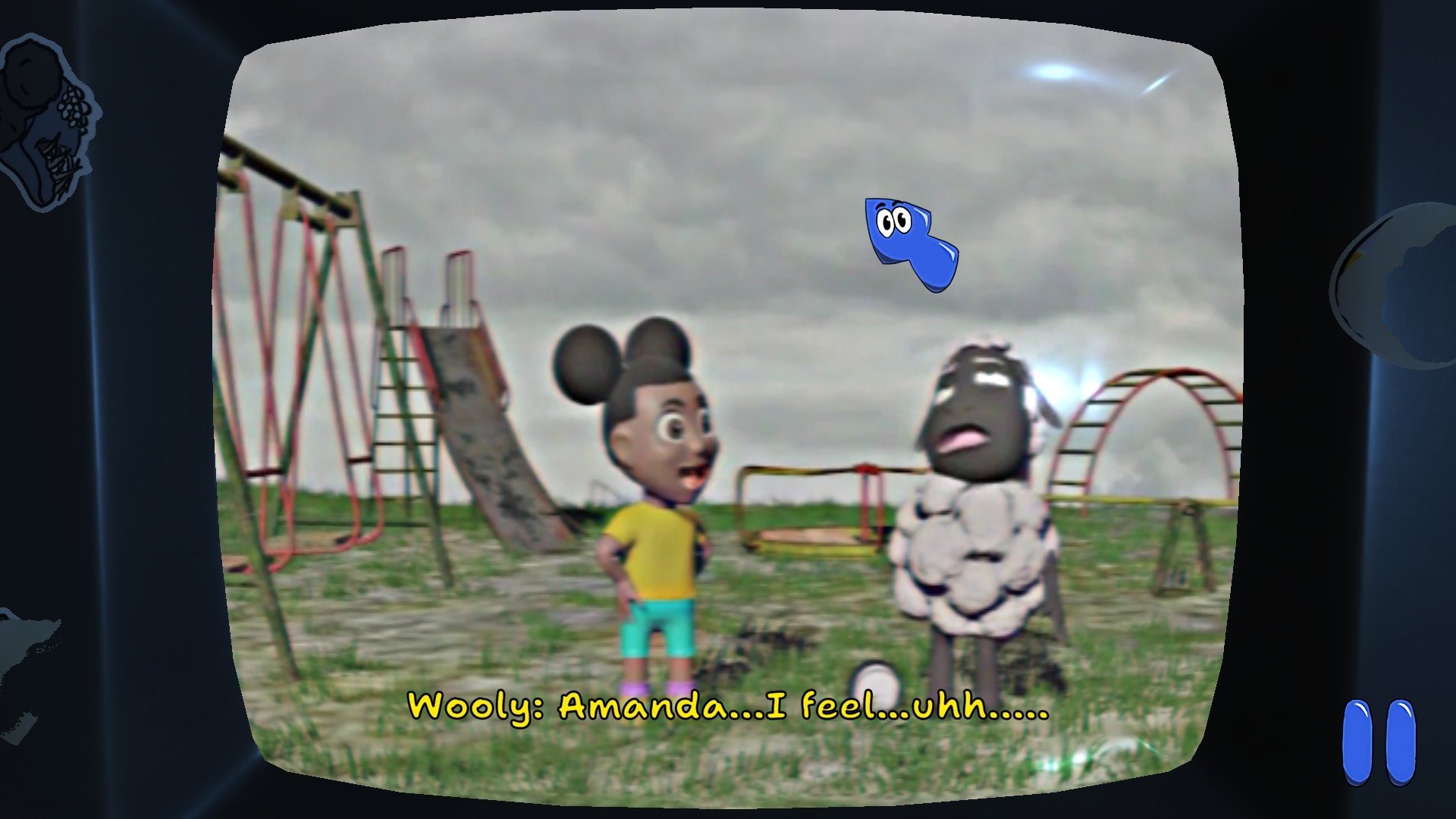 game screenshot showing a CRT screen with two CGI character on it. One is a little girl and the other is an anthropomorphic sheep. The sheep looks woozy, and the subtitles read "Wooly: Amanda... I feel...uhh..."