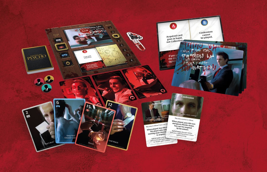 Kan kırmızısı bir arka plan üzerinde American Psycho masa oyunu için oyun parçaları