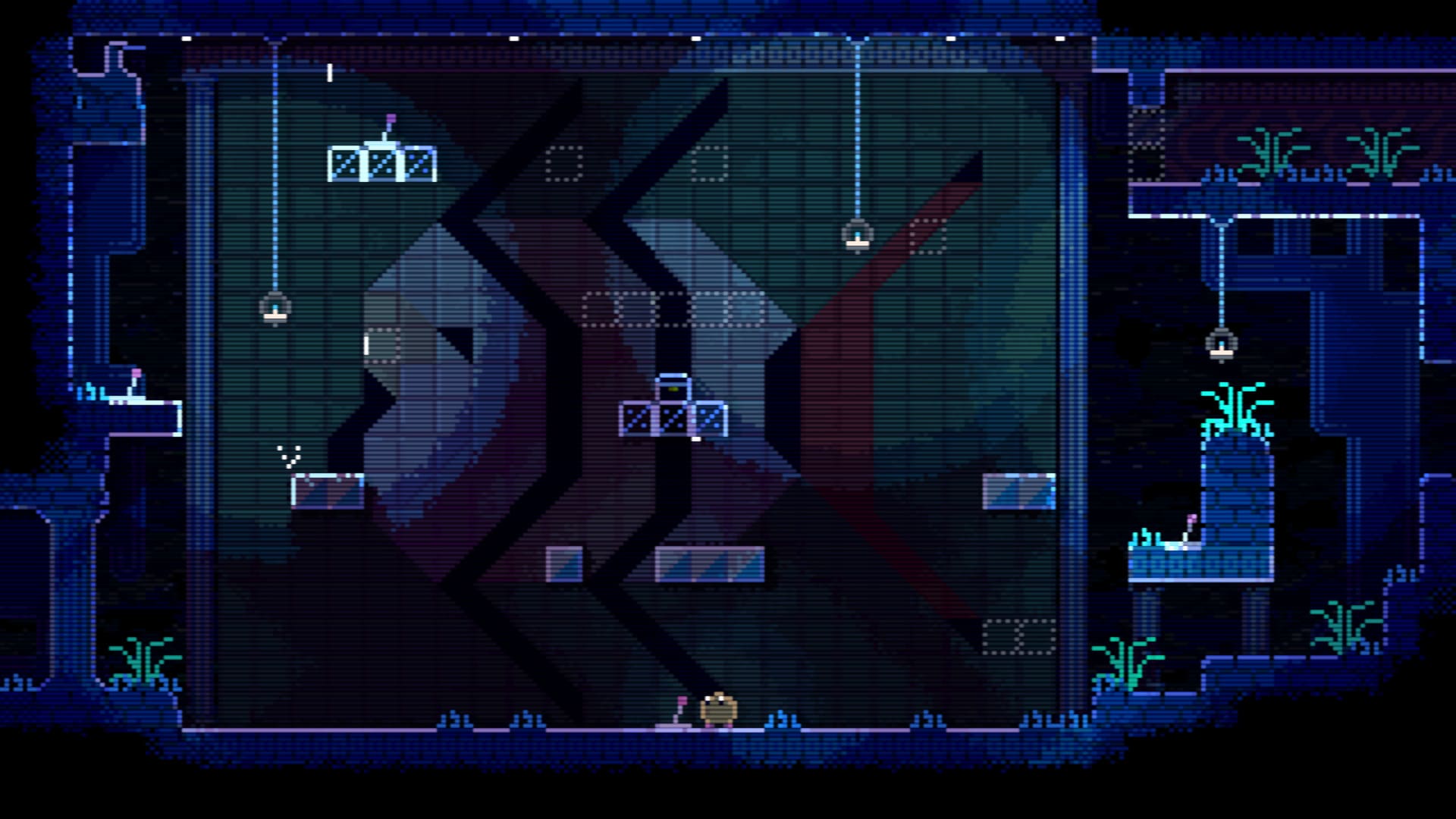 Gameplay from Animal Well showing off a large mural of a fish in the background.