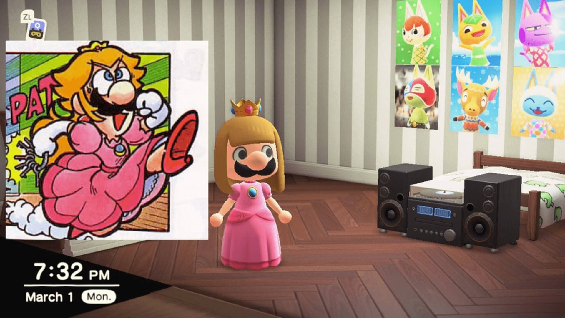 An Animal Crossing villager dressed as Luigi disguised as Peach.