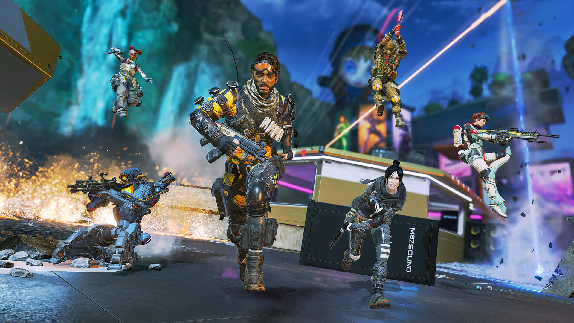 Several of the Legends in Respawn's Apex Legends running towards the camera