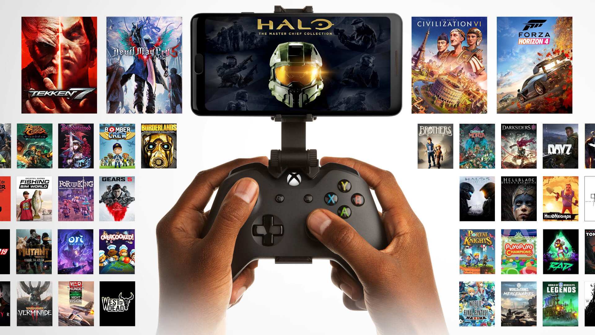 Hands holding a controller amidst some of the games that are, or have been, available on Xbox cloud streaming