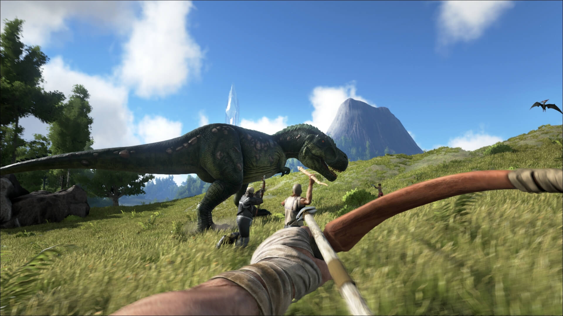 A player aiming a bow at a dinosaur in Ark Ultimate Survivor Edition, one of the games in the Xbox Game Pass February 2022 lineup