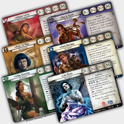 A handful of Investigator Cards of Arkham Horror Path to Carcosa