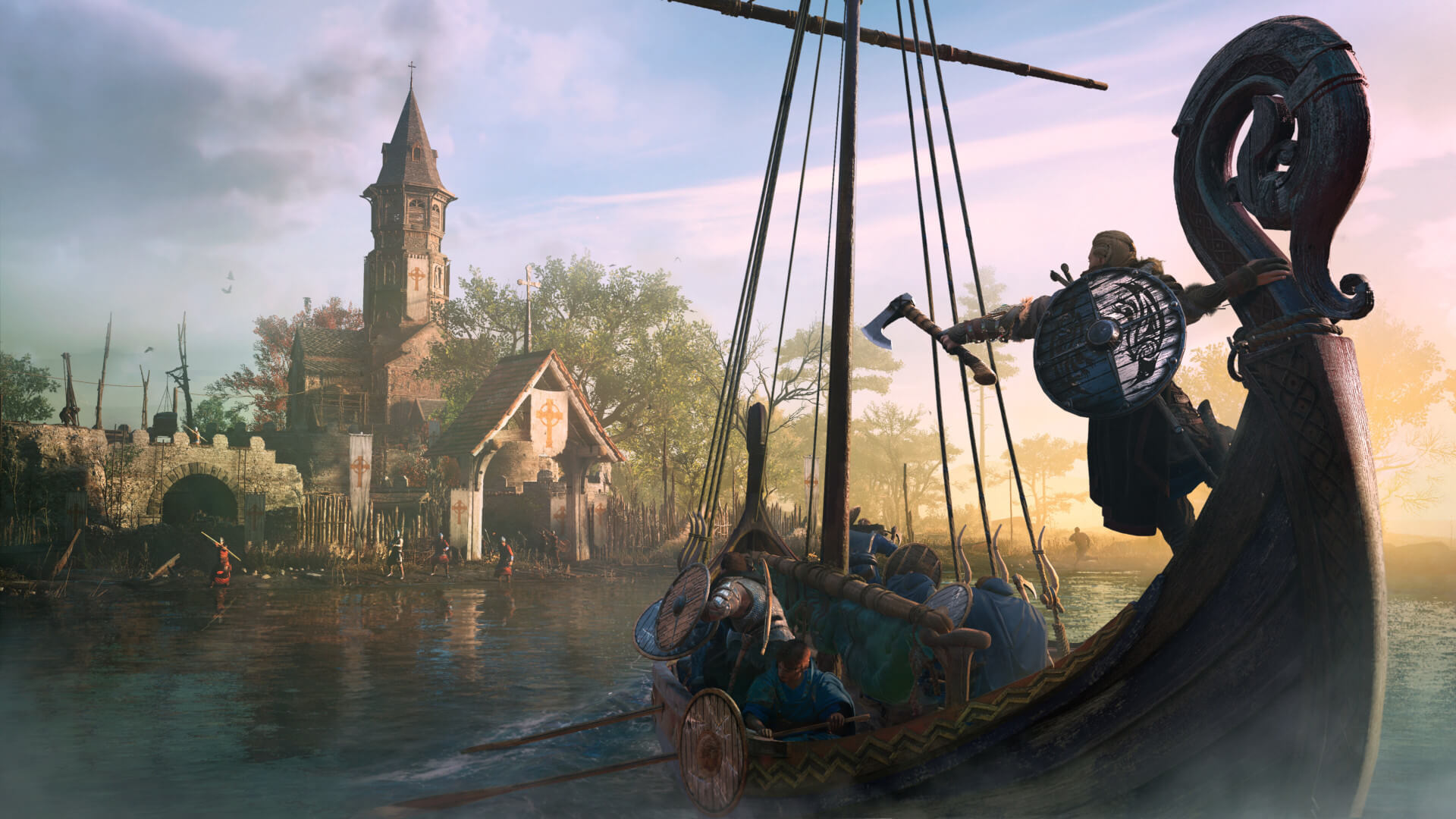 Eivor pointing towards a church, presumably to ransack it, in Assassin's Creed Valhalla