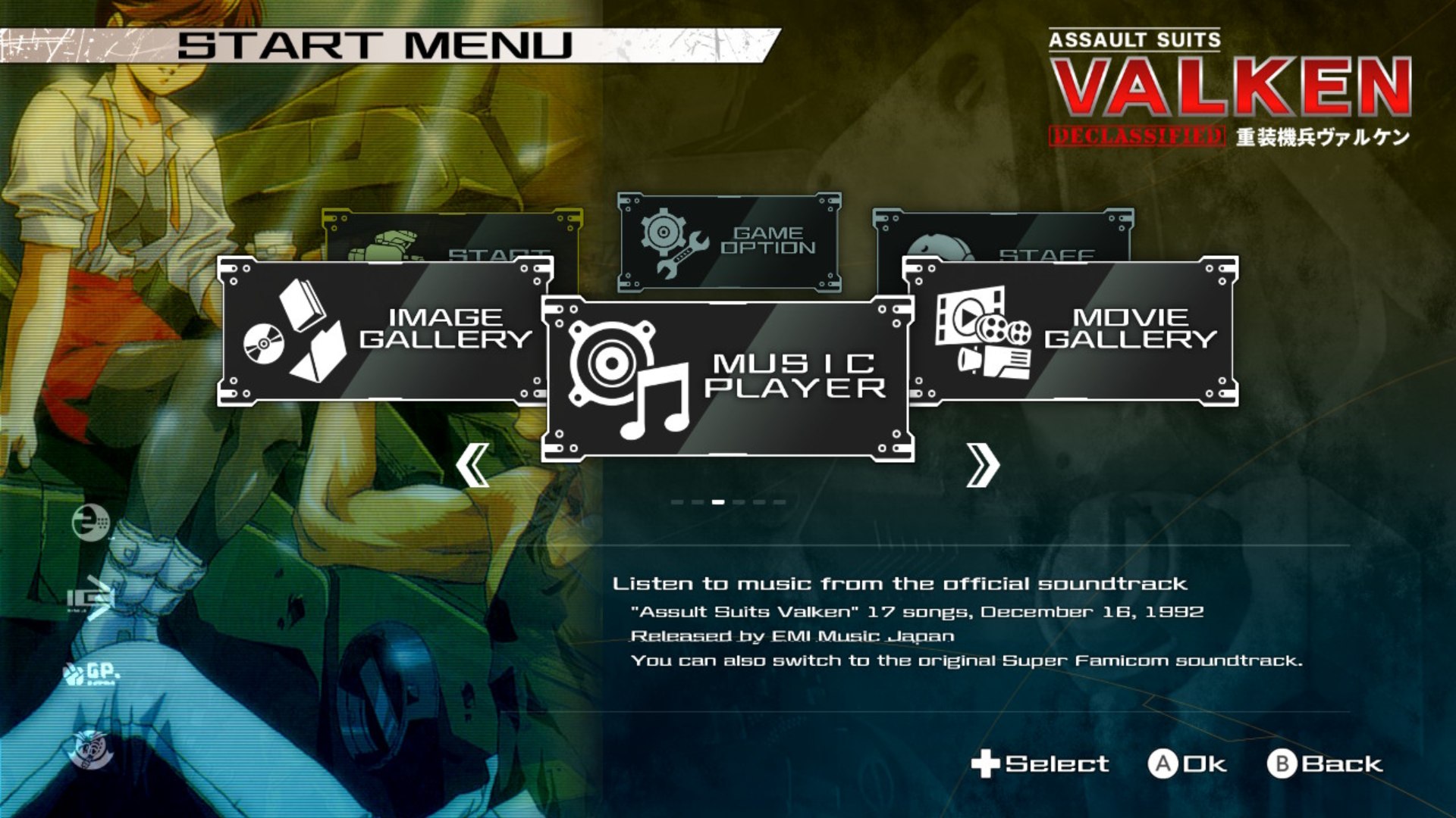 Assault Suits Valken DECLASSIFIED main menu shows music player image gallery and movie gallery icons with an image from the game in the background