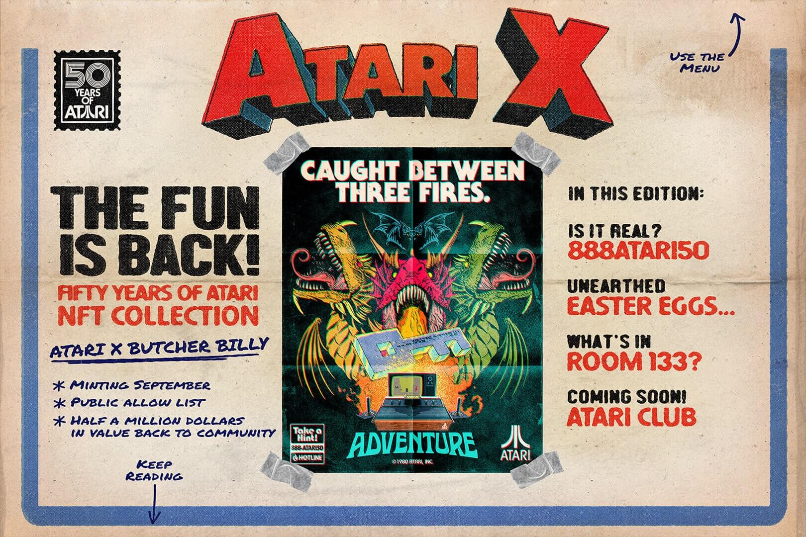 A retro-style poster showing off the Atari 50th anniversary NFT collection, with a smaller poster in the middle and a list of things to expect from the collection including a September mint date and an ad for Room 133