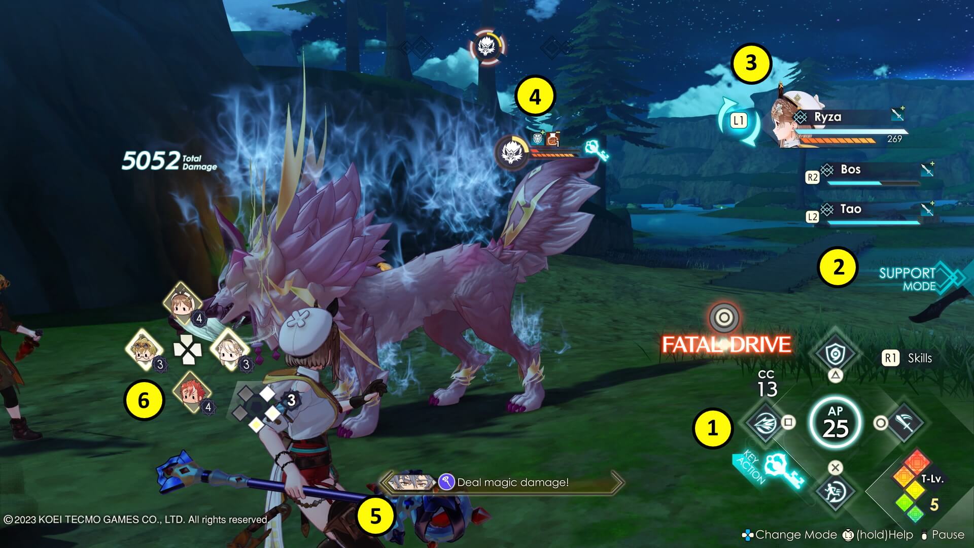 A breakdown of the combat UI in Atelier Ryza 3, featuring a battle against a wolf.