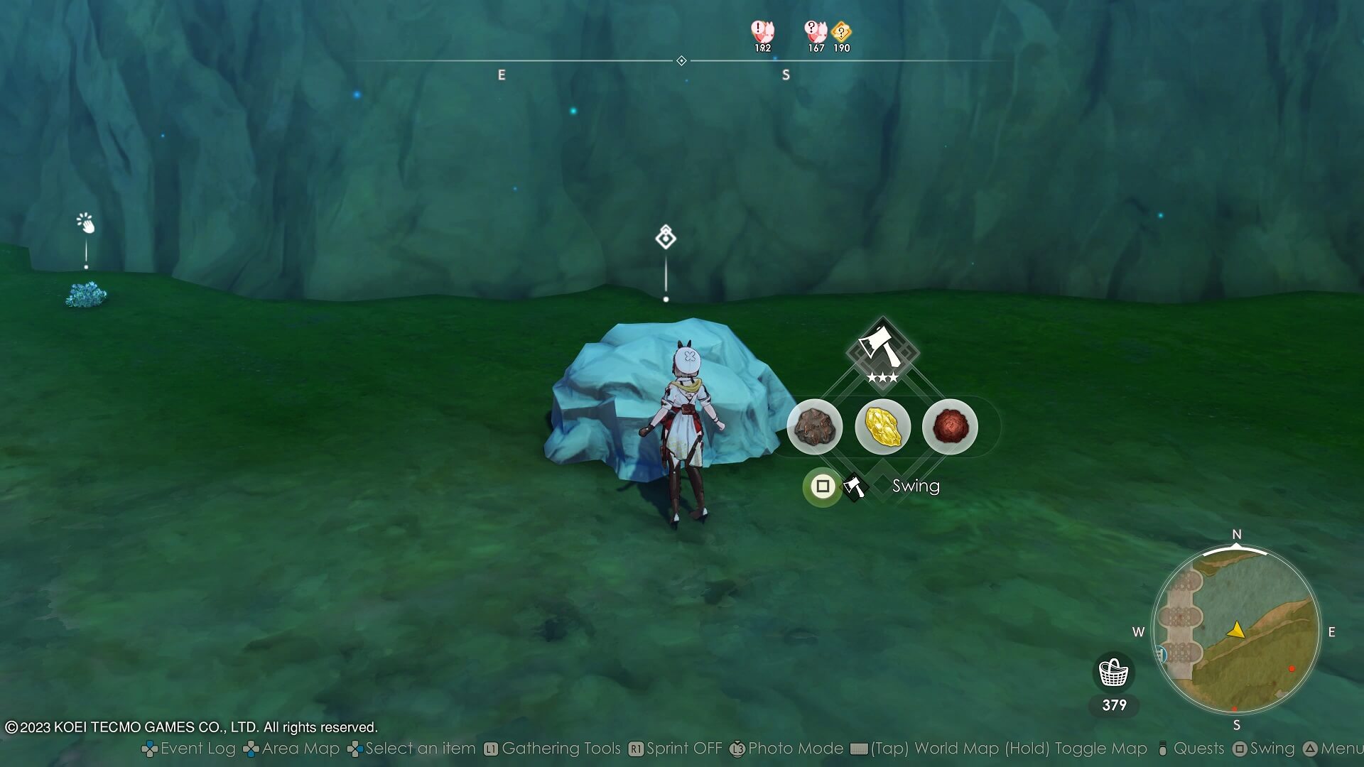 Preparing to destroy a rock using an ax in Atelier Ryza 3.