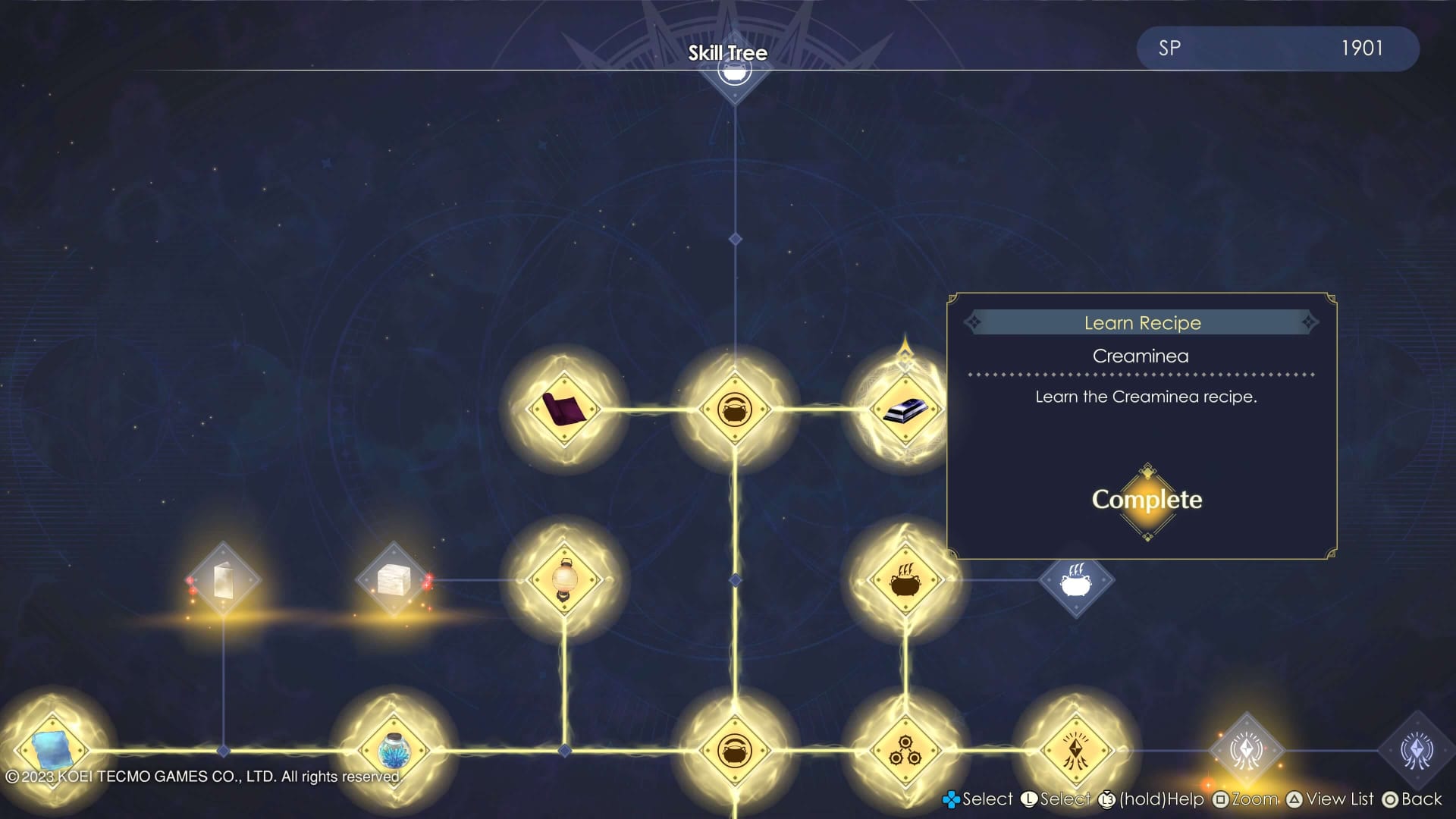 Screenshot of the Atelier Ryza 3 Skill Tree showing the location of the Creaminea alchemy recipe.
