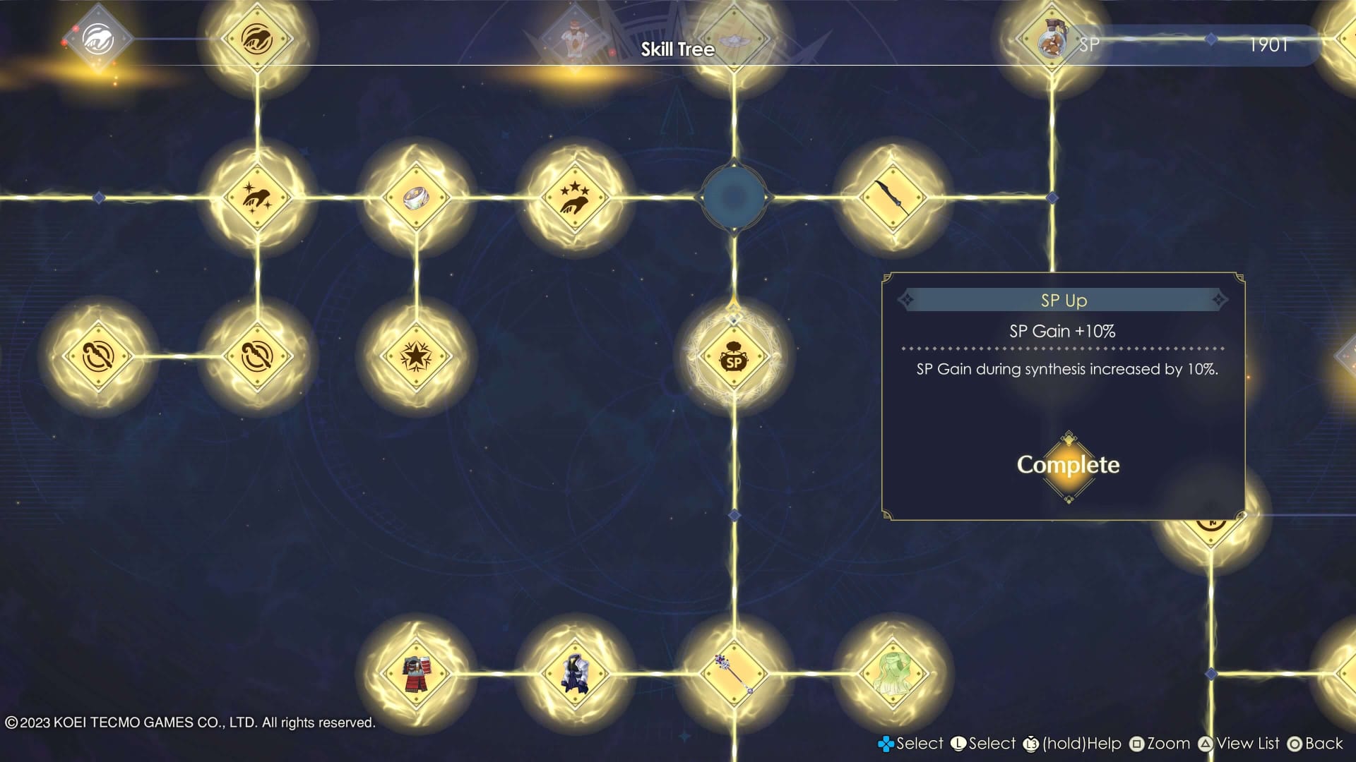 Atelier Ryza 3 Skill Tree screenshot highlighting the SP Gain +10% skill.
