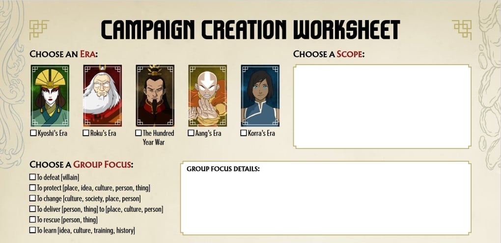 A screenshot of the Campaign Worksheet for Avatar Legends