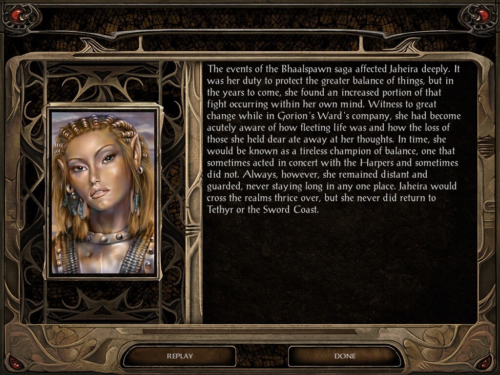 Jaheira's character portrait and platonic epilogue as they appear in Baldur's Gate II: Enhanced Edition