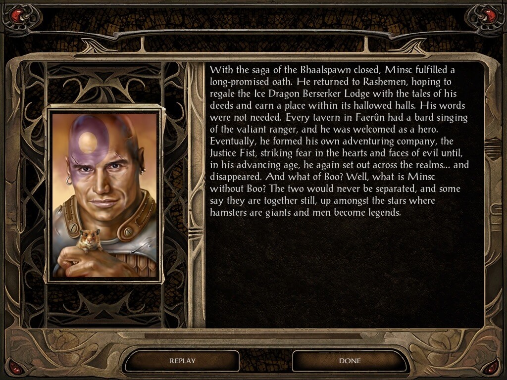 Minsc's (and Boo's!) portrait and epilogue as featured in Baldur's Gate II: Enhanced Edition. 