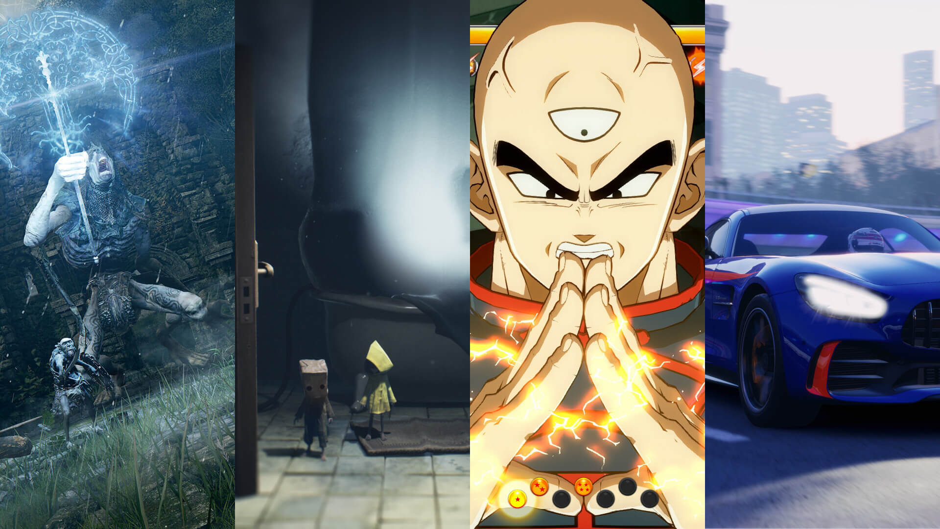 Elden Ring, Little Nightmares II, Dragon Ball FighterZ, and Project Cars 3, all Bandai Namco games