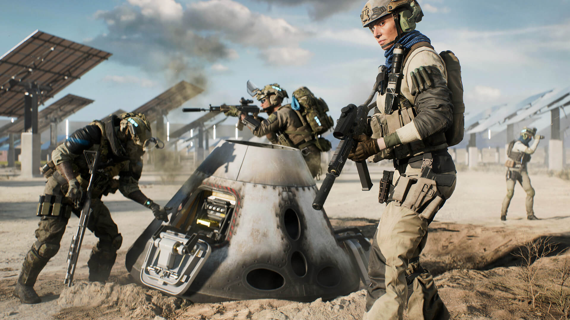 A group of soldiers gathered around a device in Battlefield 2042