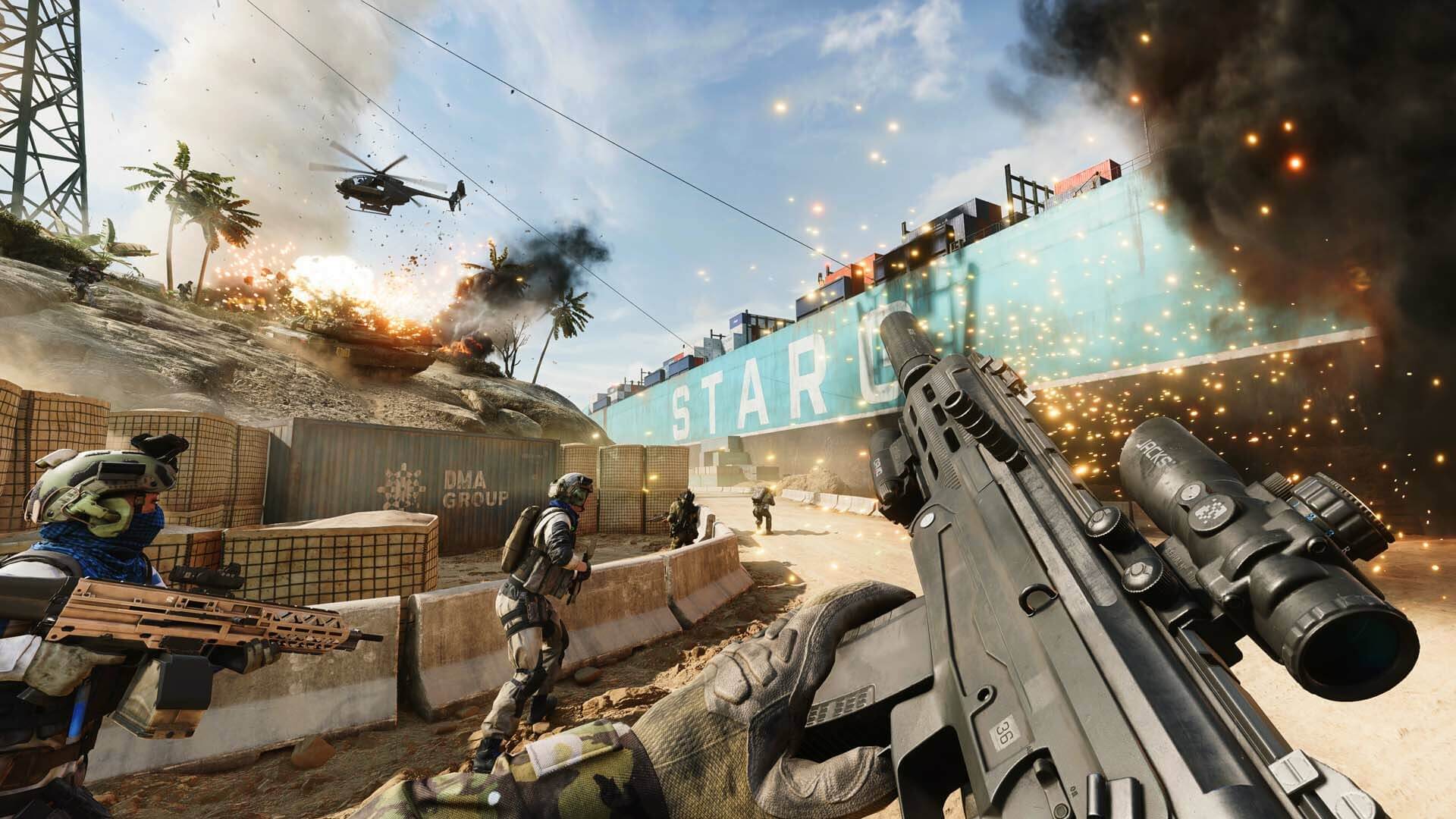 The player charging alongside comrades on a battlefield in Battlefield 2042
