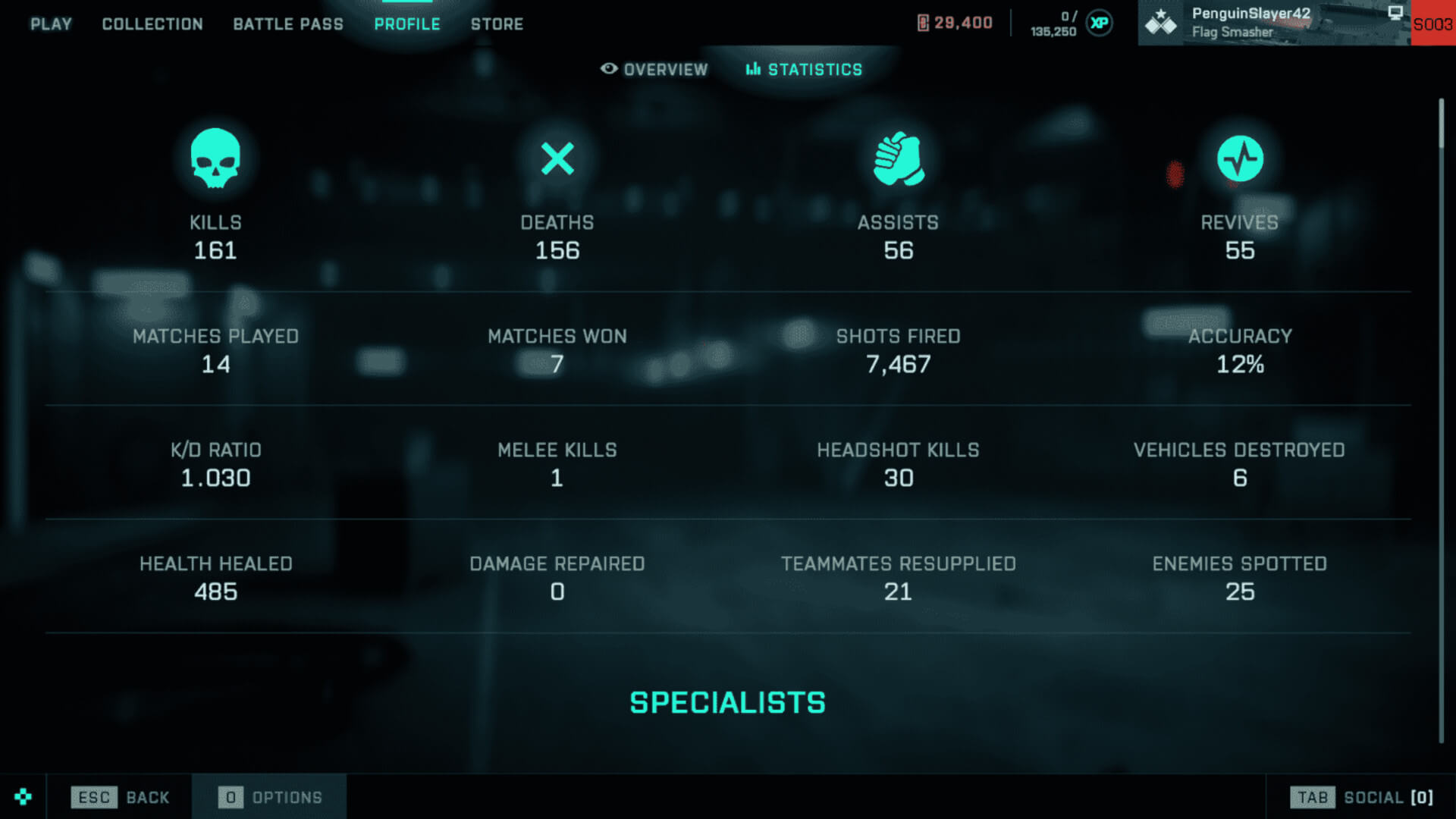 The stats screen in the new Battlefield 2042 update