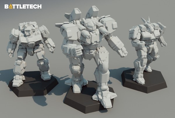 Artwork of gray mecha models from Battletech: Mercenaries