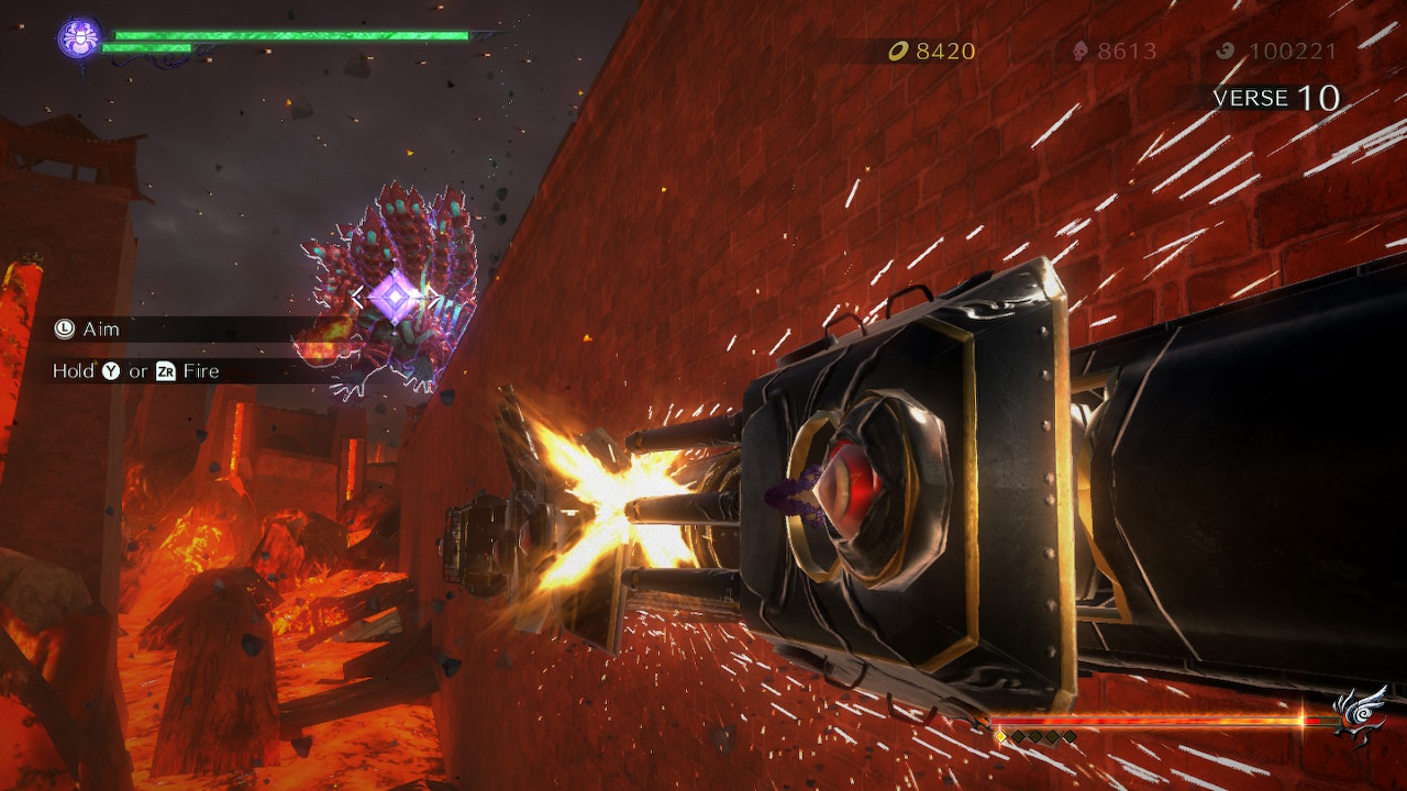 A boss battle in Bayonetta 3 where Bayonetta uses a turret against a giant enemy
