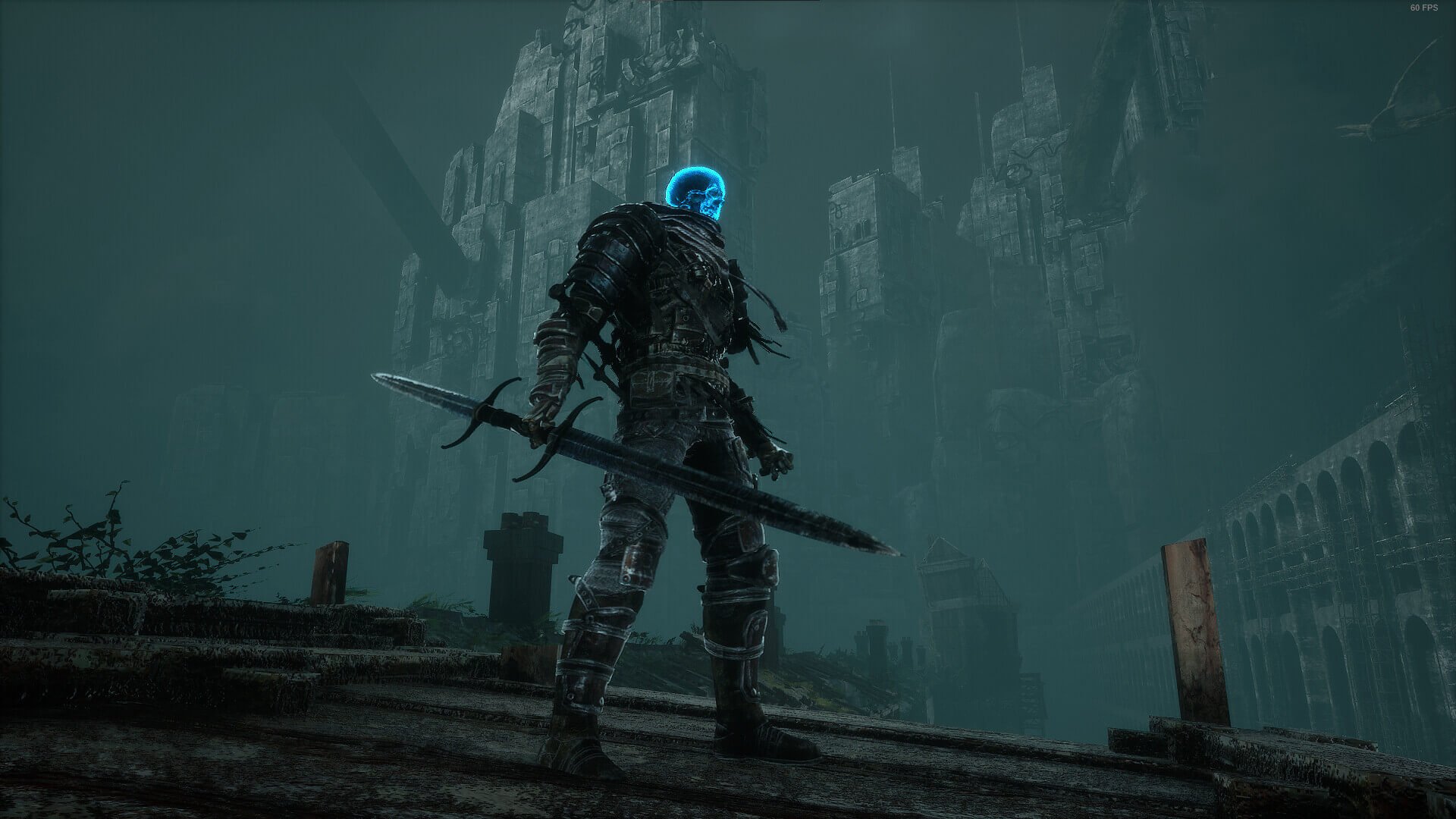 A blue-skulled warrior standing at a low angle in the Omnistructure in Bleak Faith: Forsaken