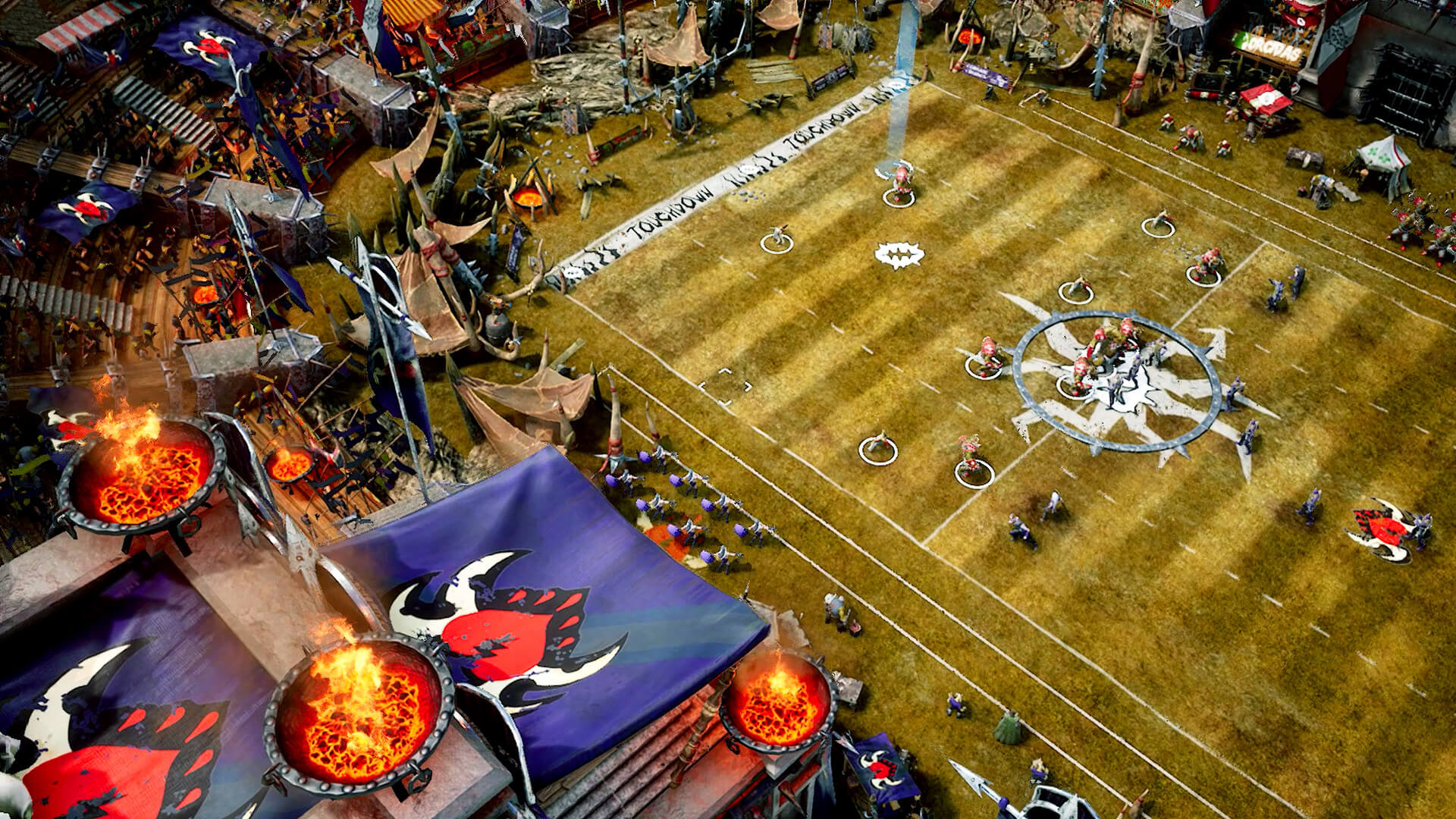 An aerial view of the pitch and the stadium in Blood Bowl 3