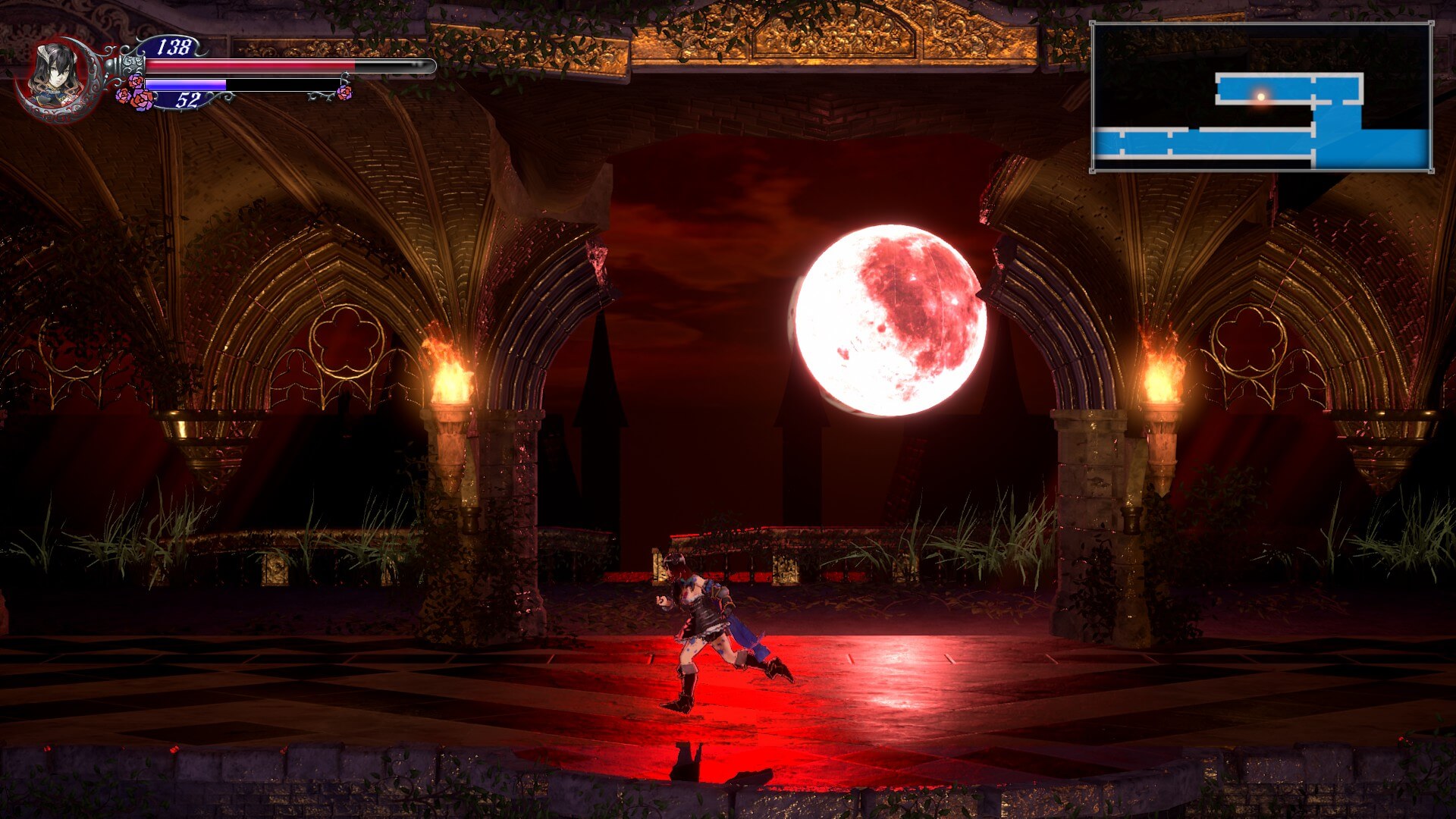 Miriam running across a moonlit corridor in Bloodstained: Ritual of the Night