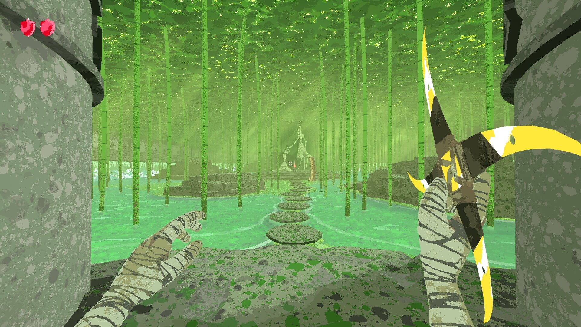 The hero walking through a bamboo forest with a shrine in the middle