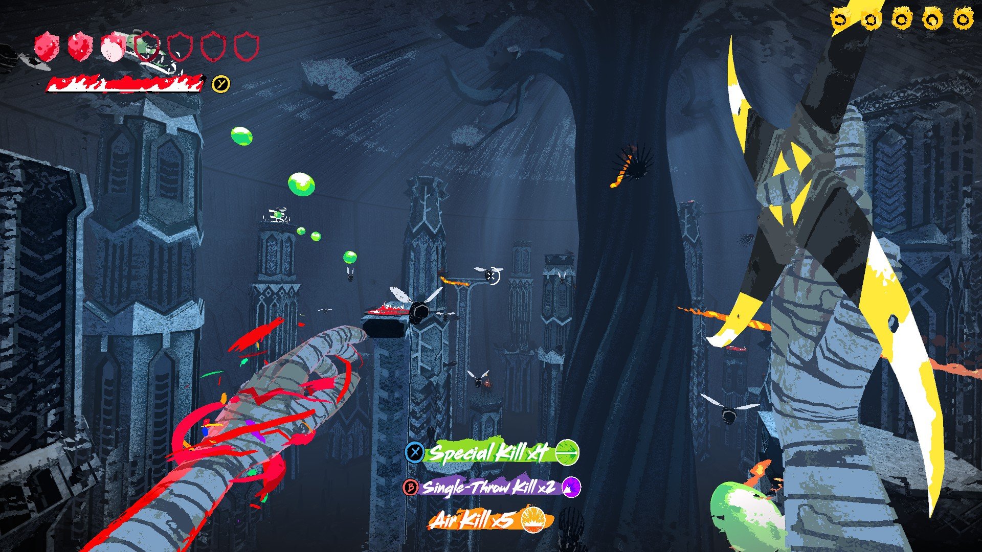 The player flying through a large engine surrounded by flying enemies
