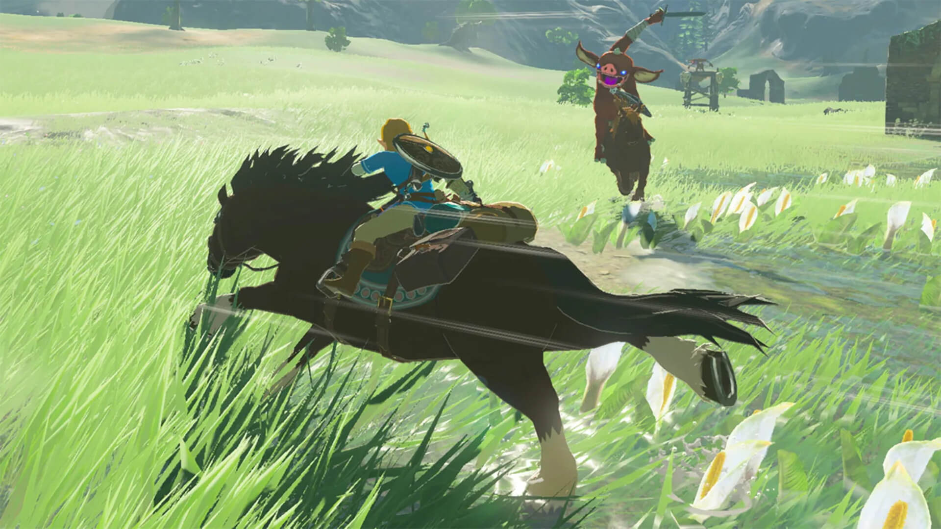 Link circling a Bokoblin on horseback in Breath of the Wild, representing the new Denuvo Switch DRM