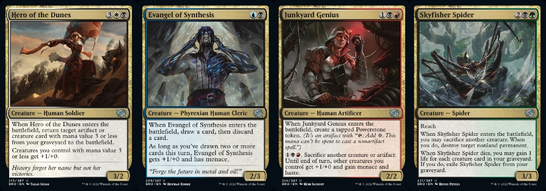 The Brothers' War Black uncommon signposts Hero of the Dunes, Evangel of Synthesis, Junkyard Genius and Skyfisher Spider 