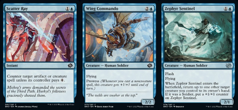 Brothers War blue cards Scatter Ray, Wing Commando, and Zephyr Sentinel