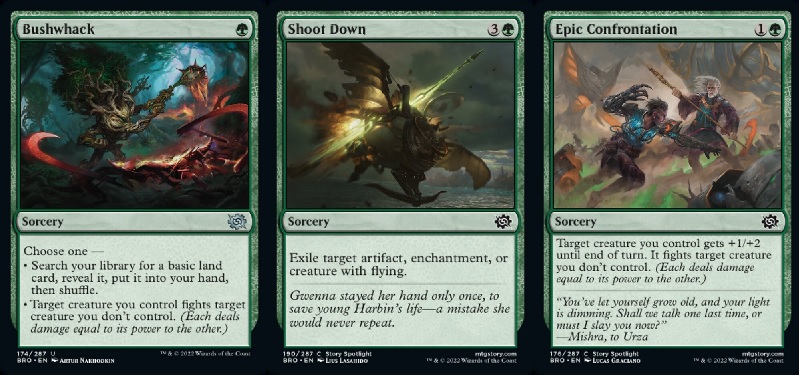 The Brothers War green cards Bushwhack, Shoot Down, and Epic Confrontation