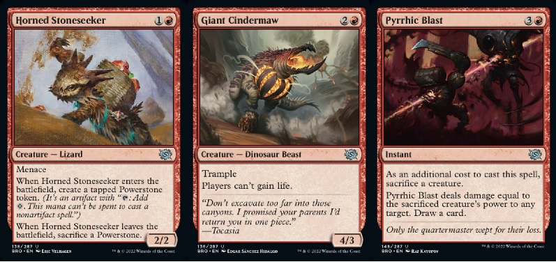 The Brothers War best red uncommons are Pyrrhic Blast, Giant Cindermaw, and Horned Stoneseeker