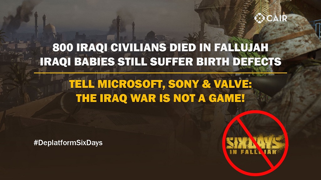 A banner accompanying CAIR's plea for major companies not to distribute Six Days in Fallujah