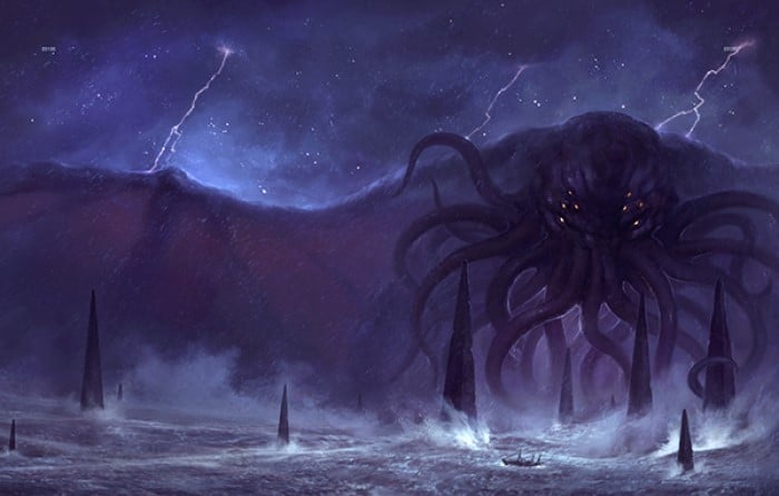 Artwork of Cthulhu rising from the sea on a dark night from the RPG book Call of Cthulhu