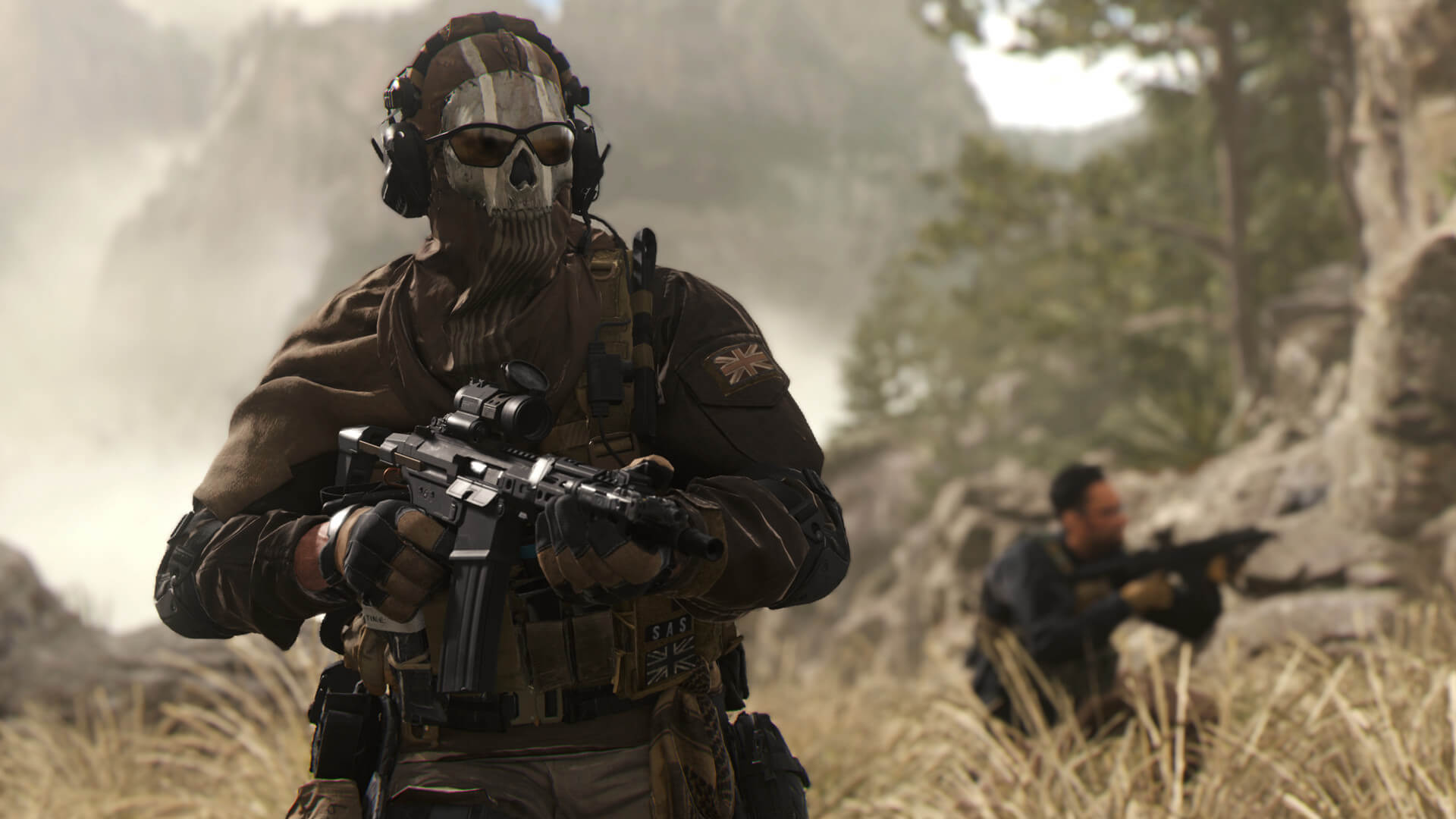 A soldier wearing sunglasses and a mask looking menacing in Call of Duty: Modern Warfare 2