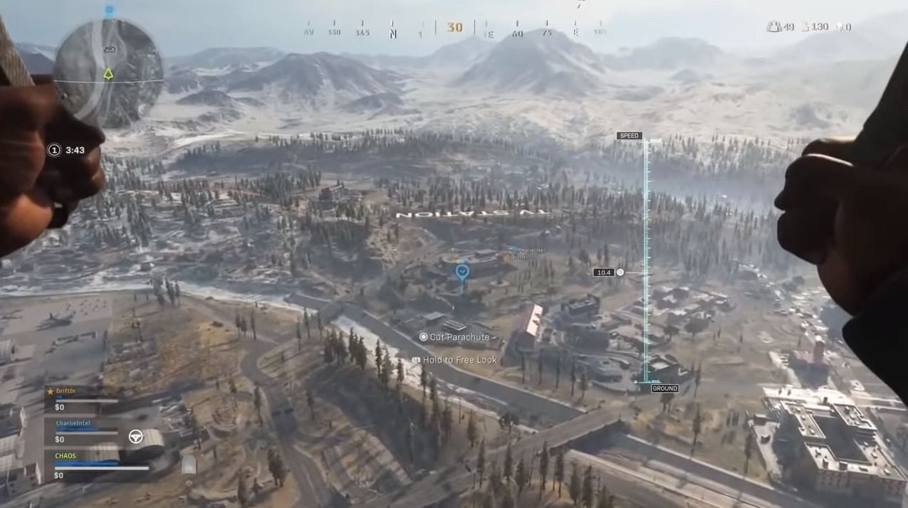 A player parachuting in Call of Duty: Modern Warfare's Warzone mode