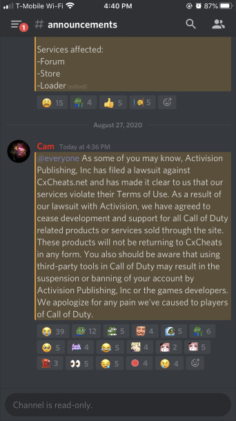 The CxCheats Discord post about Activision's Call of Duty: Warzone lawsuit