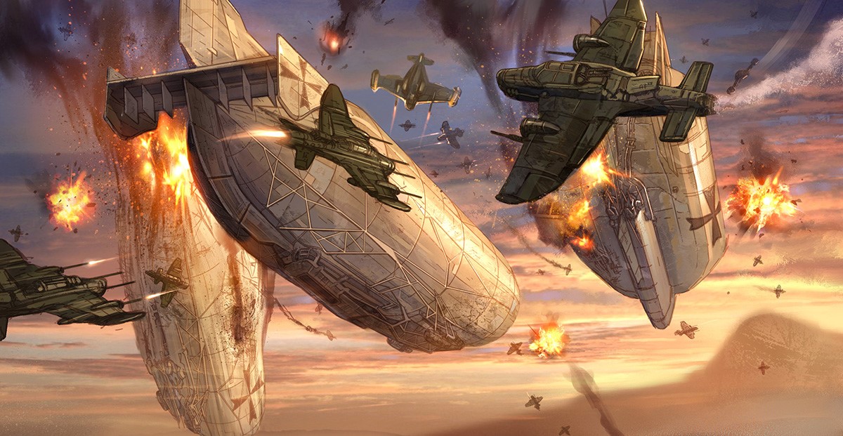 Jets and zeppelins in a dogfight from the graphic novel Carbon Grey